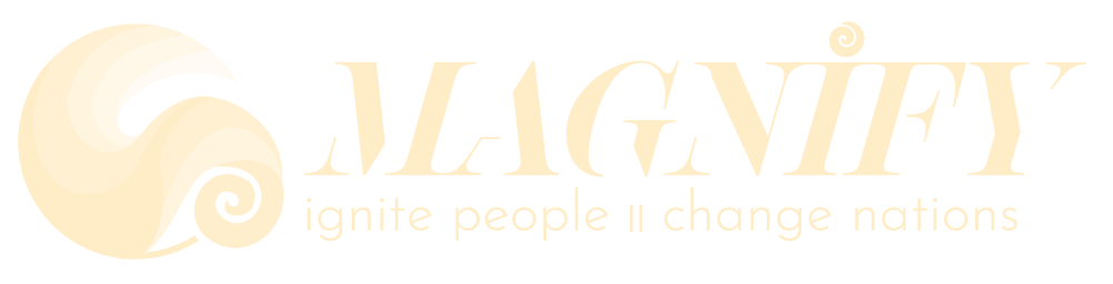 the Magnify logo in white. In the shape of a circle breaking out in to a wave and a Koru shape form New Zealand. with the name and slogan on the right of the logo